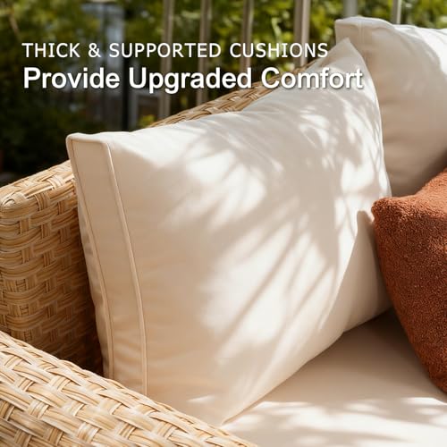 SUNSITT 6-Piece Patio Furniture Set, Outdoor Wicker & Acacia Wood Sectional Sofa Set, Patio Modular Design Conversation Sets with Coffee Table & Thick Comfy Cushion for Porch, Garden, Natural Color