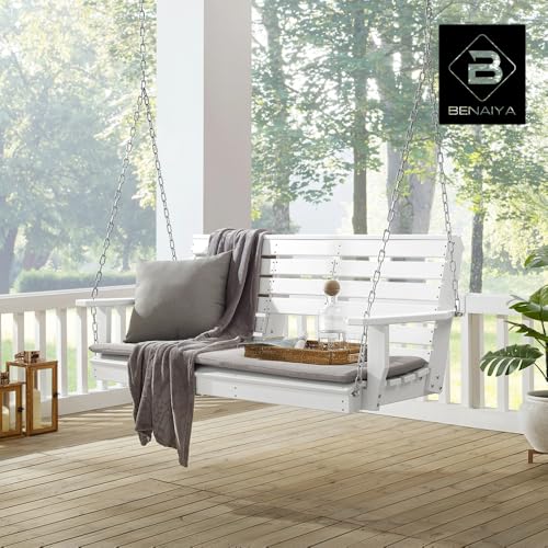 BENAIYA Heavy Duty Poly Lumber HDPE Porch Swing with Mounting Kit and Accessories Outdoor Hanging Chair with Cup Holders Swinging Bench for Patios, Backyard Poly Wooden Seating, Sturdy Steel Chains
