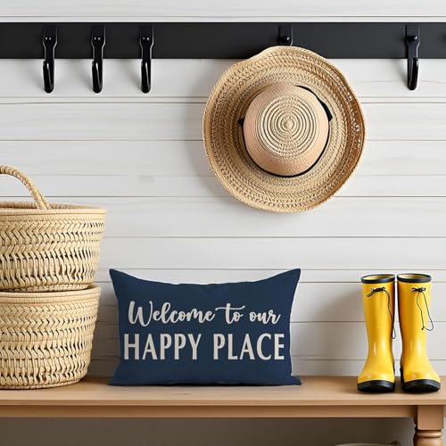 HERHOME Welcome to Our Happy Place Relax Decorative Throw Pillow Covers 12x20 Set of 2 Navy Blue Outdoor Rustic Farmhouse Porch Decor Lumbar Cushion Case Decoration for Home Sofa Couch Living Room