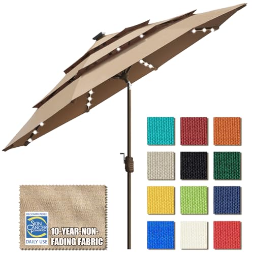 EliteShade USA 10-Year-Non-Fading 9ft 3-Tier Market Patio Umbrella, Commercial Table Umbrella with 80 Solar LED Lights, Crank Open, Windproof & UPF 50+ UV Protection for Garden, Deck, Pool, Backyard, Heather Beige