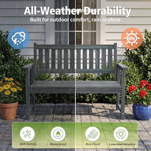 ACUEL Outdoor Bench, 2-Person Garden Bench, Poly Lumber Patio Bench for Outdoors, Porch, and Park (Dark Grey)