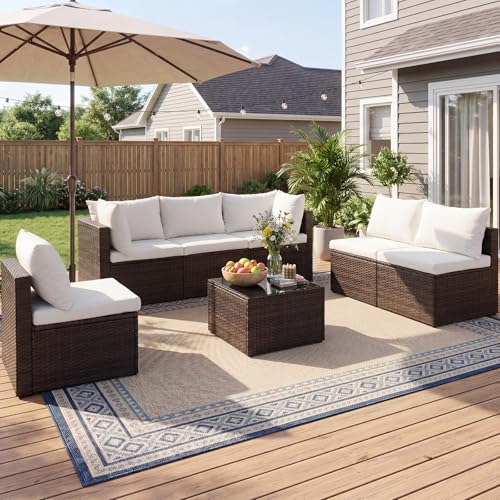 Sweetcrispy 7-Piece Outdoor Patio Sectional Sofa, Modular PE Wicker Outdoor Sectional with Thick Cushions, Rattan Patio Sofa Set with Coffee Table for Backyard, Poolside, Garden, Deck, Brown