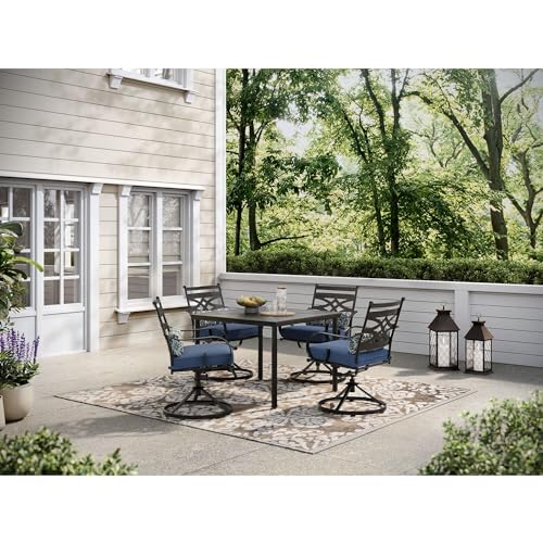 Hanover Montclair 5-Piece Outdoor Dining Set with Stamped Steel Square Dining Table and 4 Swivel Rocker Chairs with Cushions, Weather-Resistant Patio Dining Set for 4, Patio, Backyard, Deck