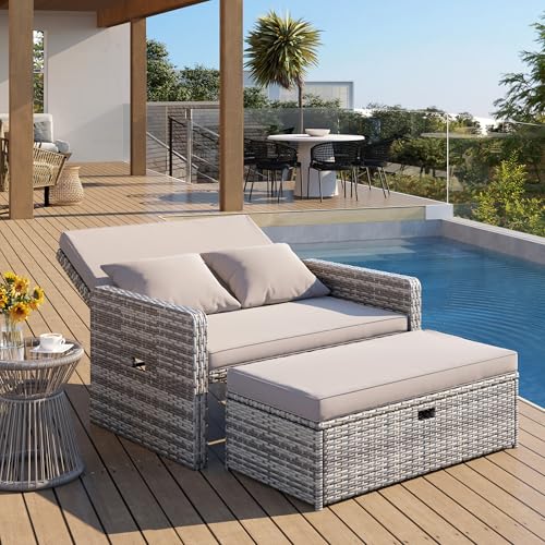 Amopatio Wicker Outdoor Daybed, Outdoor Loveseat with Storage Ottoman, Rattan Patio Daybed, Patio Loveseat with 4-Level Adjustable Backrest & Folding Tray, for Yard, Balcony, Porch, Poolside, Grey
