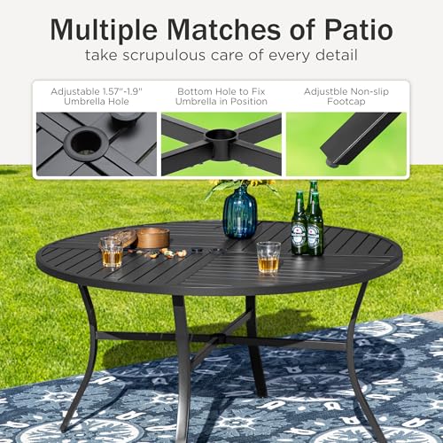 PHI VILLA 5 Piece Patio Dining Set with 4 Outdoor Swivel Dining Chairs & 1 Large Round Dining Table, All Weather Blue Textilene Mesh Fabric Chair and Round Metal Table for Deck Lawn Garden