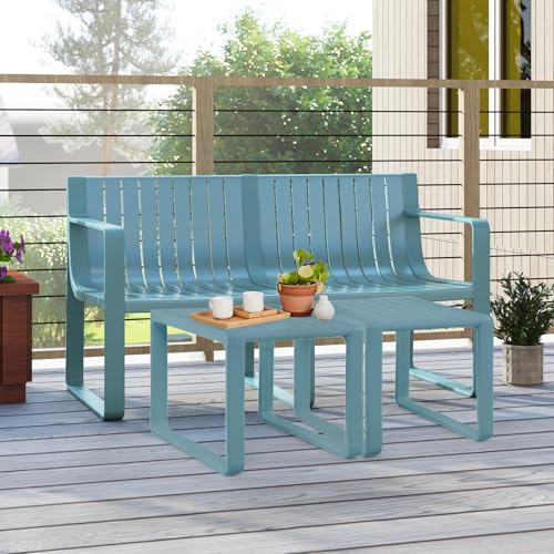 Tangkula Patio Loveseat, Weather-Resistant Plastic 2-Person Bench with Curved Backrest, Outdoor Conversation Furniture with Slatted Design for Patio, Poolside, Backyard, Garden, Deck, Lawn (Blue)