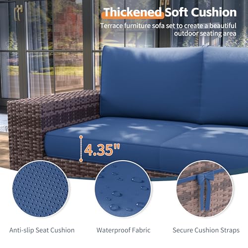 UDPATIO Patio Furniture Set, 8 Inch Armrest Outdoor Sectional Sofa with Wicker Coffee Table, 6 Piece Conversation for Garden, Backyard, Navy Blue