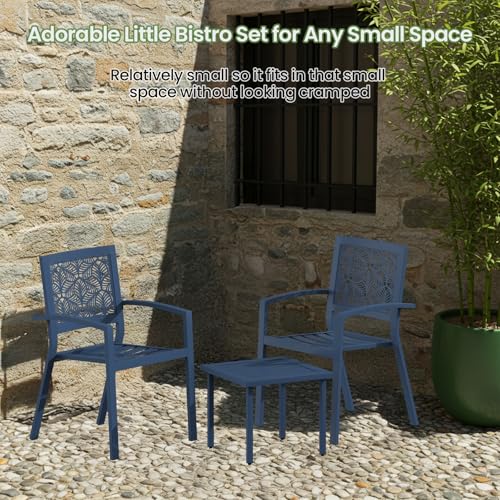 BUPPLEE 3 Piece Patio Bistro Set, Outdoor Steel Furniture Set, Stackable Modern Conversation Sets for Balcony Garden Deck Patio w/2 Chairs 1 Table, Peacock Blue