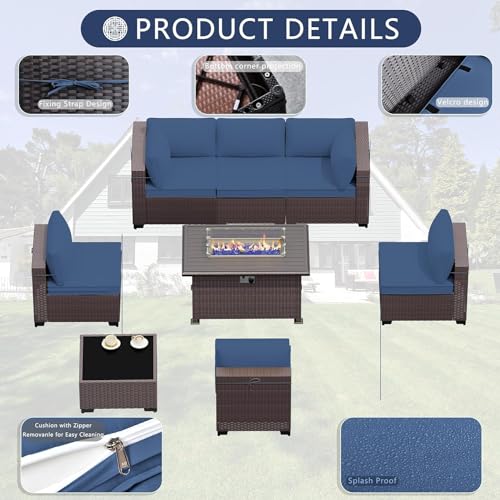 ASJMR 11 Pieces Patio Furniture Set with 2 Swivel Chairs Patio Furniture Outdoor Sectional Sofas with 55000 Gas Fire Pit Patio Conversation Set w/7 Cushions