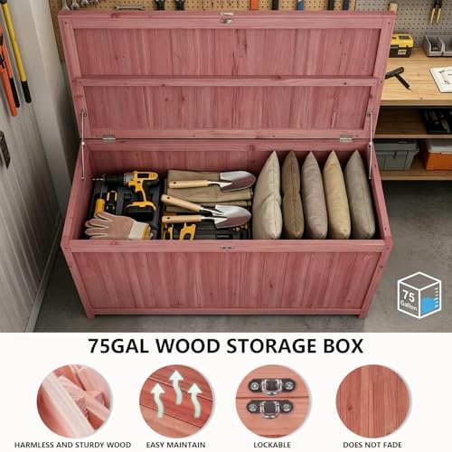 ZEUKMXOO 75 Gallon Wood Deck Box,Outdoor Storage Bench Container for Patio Furniture Cushions, Pillows, Garden Tools,Pool Accessories (Wood)