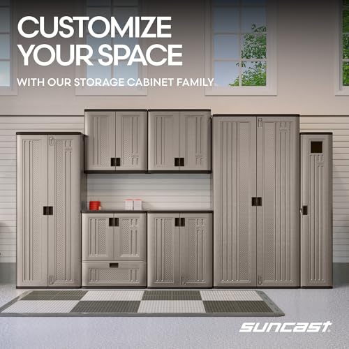 Suncast Base Storage Cabinet for Garage Organization - 9 Cu. Ft. Lockable 2-Shelf Organizer for Garden Supplies, Paint Cans & Outdoor Tools, Multi-Wall Resin Construction, Platinum