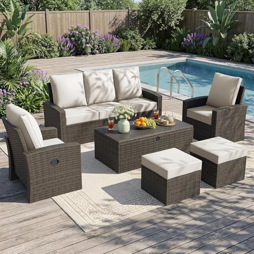 Outdoor Patio Furniture Set 6 Piece Wicker Rattan Sectional Sofa Conversation Sets with Adjustable Recliner Chairs and Storage Coffee Table for Backyard Porch Balcony Garden Deck(White)