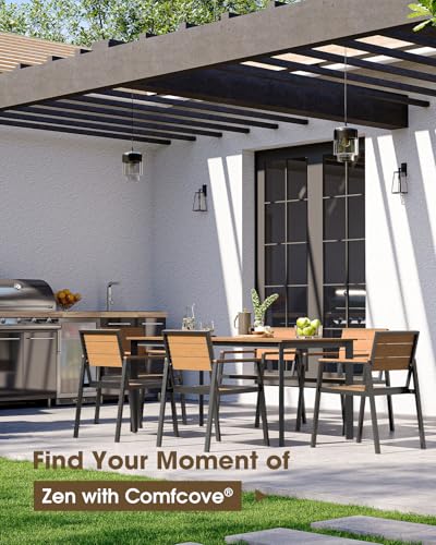 ComfCove Outdoor Dining Set, Aluminum Patio HDPS Outdooor Table and Chairs Set with Umbrella Hole, All Weather Patio Furniture Set, Patio Dining Table Set ,Gray & Teak ,7 Pieces