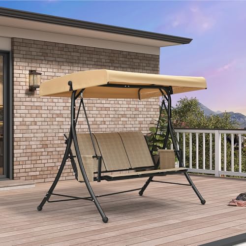 PURPLE LEAF 3-Seat Patio Swing with Stand and Meatl Steel Frame Porch Swing with Adjustable Tilt Canopy All-Weather Outdoor Swing Chair Seat for Backyard Garden Deck Balcony (Khaki)