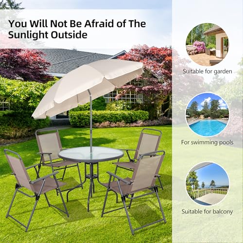 Vongrasig 6 Pieces Folding Patio Dining Set, All Weather Small Metal Outdoor Table and Chair Set, Garden Patio Furniture Set w/Umbrella, Glass Table & 4 Folding Chairs for Lawn, Backyard, Brown