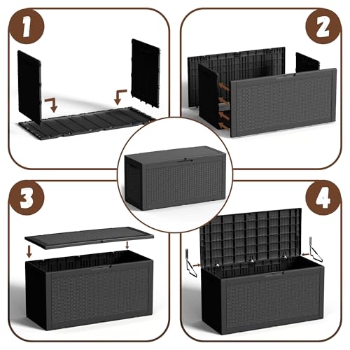 EFU Outdoor Storage Box 100 Gallon Deck Box Resin Outdoor Toy Storage With Lockable Lid, Hydraulic Struts, Rattan Style Package Delivery Boxes for Outside Patio Yard Garden (Black)