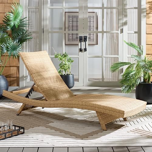 SAFAVIEH Outdoor Patio Furniture Collection – Alex Natural & Taupe Quick Dry Foam Lounger, Adjustable Outdoor Chaise, Modern Curved Design (PAT7545A)