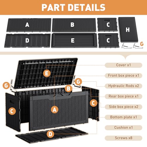 Greesum 100 Gallon Resin Deck Box Large Outdoor Storage Boxes with Cushions for Garden Tools, Patio Furniture Pillows, Pool Supplies, Black