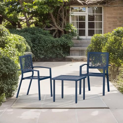 BUPPLEE 3 Piece Patio Bistro Set, Outdoor Steel Furniture Set, Stackable Modern Conversation Sets for Balcony Garden Deck Patio w/2 Chairs 1 Table, Peacock Blue