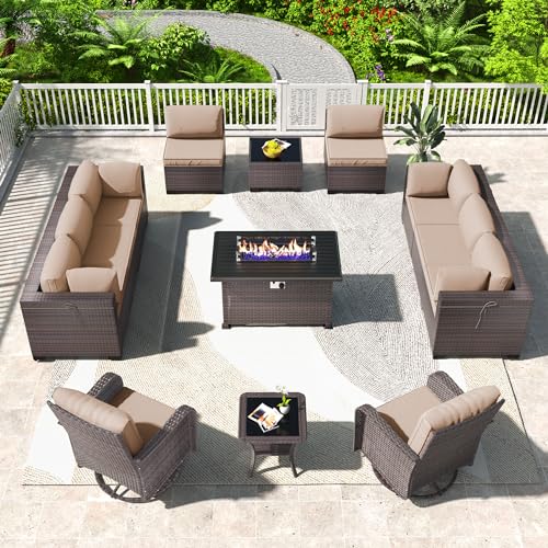 Kullavik 13PCS Outdoor Patio Furniture Set,PE Wicker Rattan Sectional Sofa Patio Conversation Sets with 43" 55000BTU Gas Propane Fire Pit Table,Swivel Rocking Chairs Set,Sand