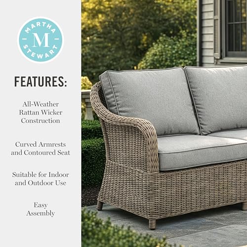 Martha Stewart Lily Pond Indoor-Outdoor Patio Loveseat in Weathered Gray Rattan Wicker with All-Weather Gray Back and Seat Cushions, 300 Lb. Static Weight Per Seat