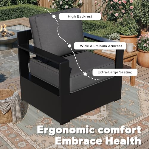 Qsoer Outdoor Aluminum Furniture Set, 4-Piece Patio Conversation Set, 2 Chairs, 1 Sofa and 1 Table, All-Weather Metal Frame, 6" Thick Removable Cushions, Deep Setting for Garden, Poolside and Porch