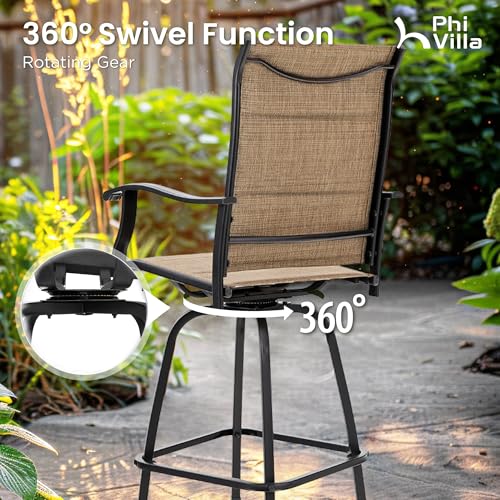 PHI VILLA 3 Piece Outdoor Swivel Bar Stools Set, Bar Height Patio Set with 2 Padded Textilene Fabric Chairs, All-Weather High Top Patio Bistro Table and Chairs Furniture, Brown