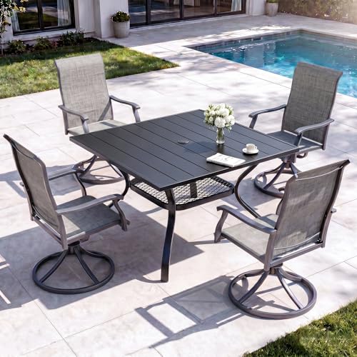 bigget Outdoor Dining Set with Swivel Chairs Set for 4, 5 Piece Modern Outdoor Patio Table and Chairs 450LBS Highback, Powder-Coated Black Wrought Iron Square Table Set for Outside, Grey