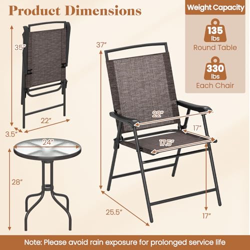 Goplus Patio Bistro Set, 3-Piece Patio Dining Furniture Set with Round Tempered Glass Table, 2 Foldable Chairs, Small Outdoor Folding Chairs & Table Set for Porch Garden Pool Yard