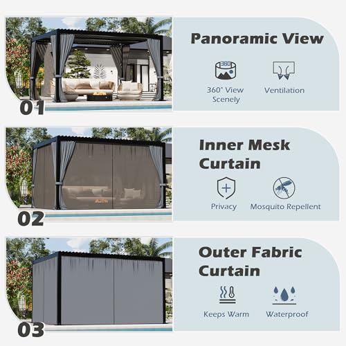 TXGDPIONEER Outdoor Louvered Pergola 10'×13',Aluminum Frame with Adjustable Louvered Roof and Screen,Metal Hard Top Pergola with Waterproof Curtains and Nets for Patio,Backyard,Deck,Grey