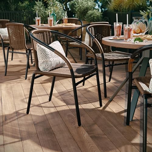 EMMA + OLIVER Set of 2 Modern PE Rattan Stack Chairs, Indoor/Outdoor Patio Dining Chairs, No Assembly Required, Brown