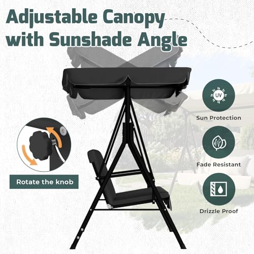AECOJOY Porch Swing with Stand, Outdoor Swings for Adults, 3-Seat Outdoor Swing with Canopy, Outside Swing Bench with Removable Cushion, Suitable for Backyard, Garden, Yard, Poolside, Balcony (Black)