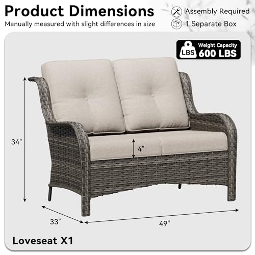 Gardenbee Wicker Patio Loveseat, 2 Seat Outdoor Couch with Thickened Olefin Cushions, High Back and Deep Seating, Hand-Woven PE Rattan for Porch, Deck, Balcony