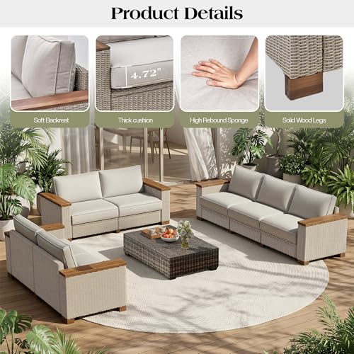 PaPaJet 6-Piece Wicker Patio Furniture Set with Solid Wood Armrest, Outdoor Patio Set with Thick Legs, UV-Resistant Modular Outdoor Sectional Sofa for Backyard, Porch, Garden