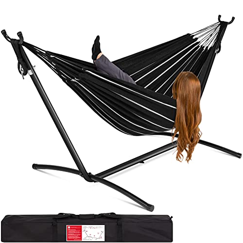 Best Choice Products Double Hammock with Steel Stand, Indoor Outdoor Brazilian-Style Cotton Bed w/Carrying Bag