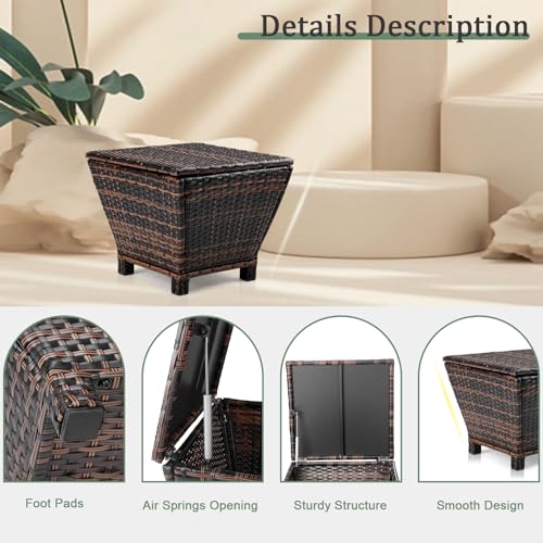 VINGLI Outdoor Side Table with Storage, 13-Gallon Patio Deck Box Outdoor Wicker Side Table for Poolside Balcony Storage Table (Brown, Trapezoid)