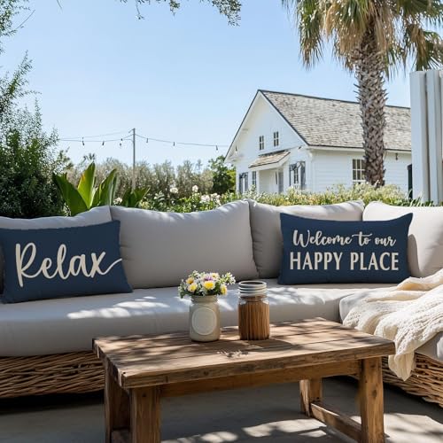 HERHOME Welcome to Our Happy Place Relax Decorative Throw Pillow Covers 12x20 Set of 2 Navy Blue Outdoor Rustic Farmhouse Porch Decor Lumbar Cushion Case Decoration for Home Sofa Couch Living Room