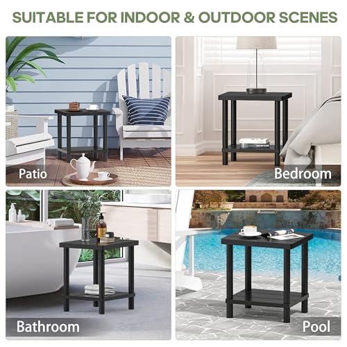 LEJANEOYE Outdoor Side Table, 2-Tier Small Outdoor Table for Patio, Adirondack Side Tables for Outside or Indoor, Bamboo End Table for Pool, Porch, Weather Resistant Easy Maintenance-Black