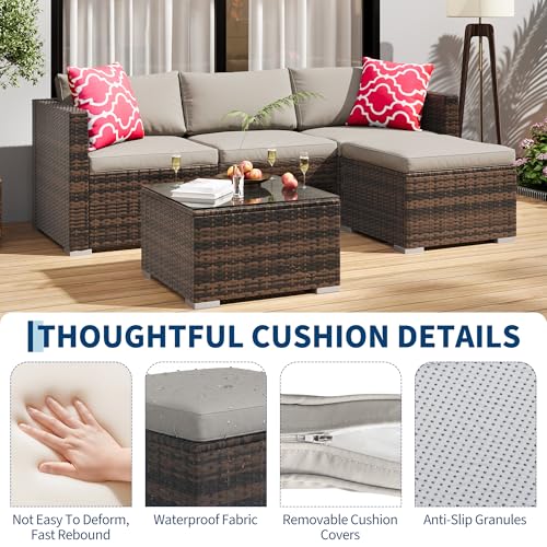 GAOMON 5-Piece All-Weather Patio Furniture Set, Convertible Outdoor Sectional Sofa with Ottoman & Tempered Glass Table, PE Rattan Conversation Set for Garden, Backyard, Porch, Poolside