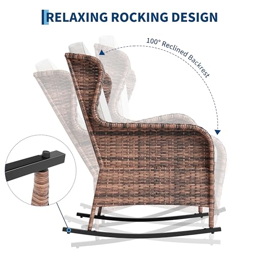 GarveeTech Outdoor Wicker Rocking Chair with Cushions, All-Weather Patio Rocker, High Back Rattan Chair for Garden Porch Backyard (Brown Wicker, Beige Cushions)