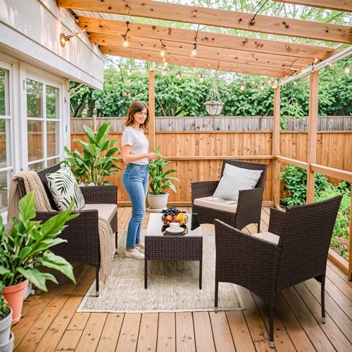 Homall 4 Pieces Outdoor Patio Furniture Sets Rattan Chair Wicker Set,Outdoor Indoor Use Backyard Porch Garden Poolside Balcony Furniture (Brown and Beige)