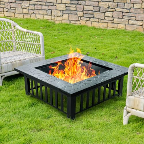 EcoNook 32 inch Fire Pit, Square Outdoor Fire Pit Table with Spark Screen & Fire Poker, 3-in-1 Multipurpose Firepits for Outside, Fireplace for Yard, Garden, Patio