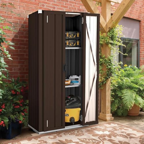 AECOJOY Outdoor Storage Cabinet Waterproof with Adjustable Shelves, Vertical Tall Garden Tool Cabinet, Sheds & Outdoor Storage Clearance Cabinet Weatherproof for Outside or Indoor in Brown