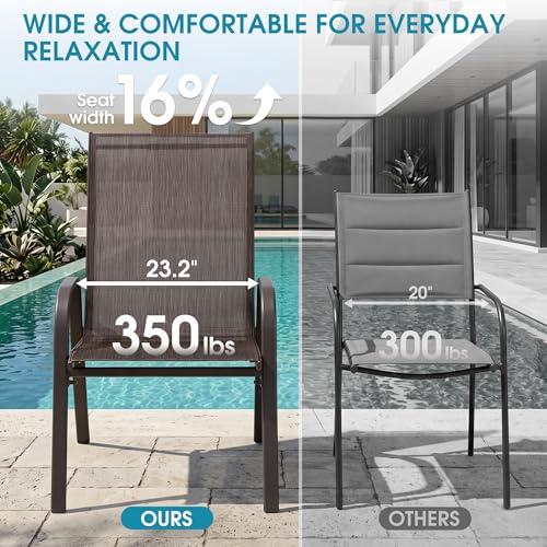 Villeston 24.4" Wide Outdoor Stackable Chairs Set of 4, Stacking Patio Chairs with Textilene Fabric, Outside Furniture for Garden Backyard Balconie Poolside Deck, Brown
