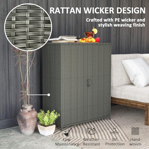 Outsunny Wicker Outdoor Storage Cabinet with Shelves, 4-Shelf Outdoor Pool Towel Cabinet with Two Doors, Rattan Patio Storage Shelves for Garden, Backyard, Porch, Dark Gray