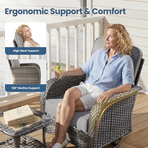 Weaxty Wicker Patio Furniture Set with Swivel Rocker Chairs Outdoor Loveseat Sofa and Rattan Coffee Table, 5 Pieces Outdoor Conversation Sets for Patio Porch Deck Backyard Poolside, Dark Gray