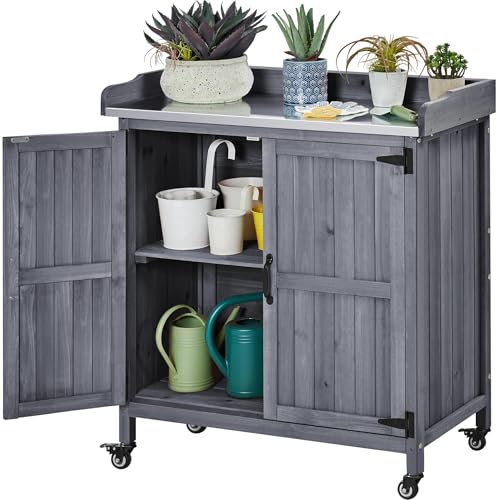 Yaheetech Garden Potting Bench Table, Outdoor Garden Horticultural Wooden Storage Cabinet & Solid Wood Planting Work Bench with Large Space Storage & Metal-Plated Tabletop, Gray