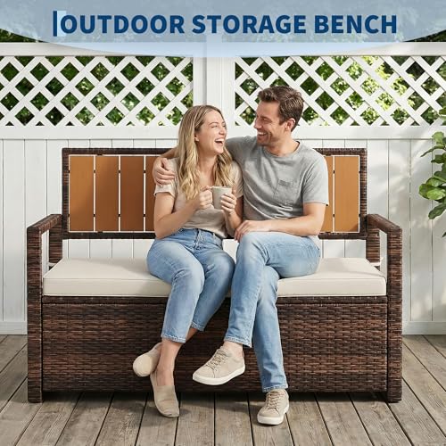 Outdoor Storage Bench with Cushion, 2-Seater PE Rattan Storage Box with Backrest & Armrests, 75 Gallon, 400 lbs Capacity Weatherproof Patio Bench for Garden, Balcony, Porch, Pool, Yard,Dark Brown