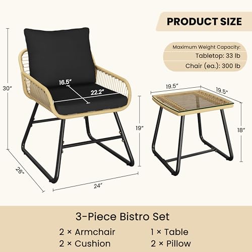 Yaheetech 3 Piece Patio Bistro Set Outdoor Wicker Bistro Furniture Sets, 2 Rattan Chairs and Glass Top Table for Patio, Balcony, Porch, Poolside, Backyard 3 PCS/Tan/Black