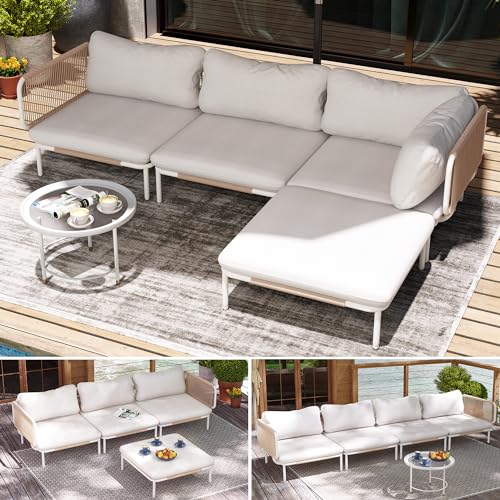 VredHom 4 Piece Modern Outdoor Sectional Sofa, 31" Oversized Patio Furniture Set with Olefin Woven Rope, Weather-Resistant Metal Frame and Removable Cushion, Beige